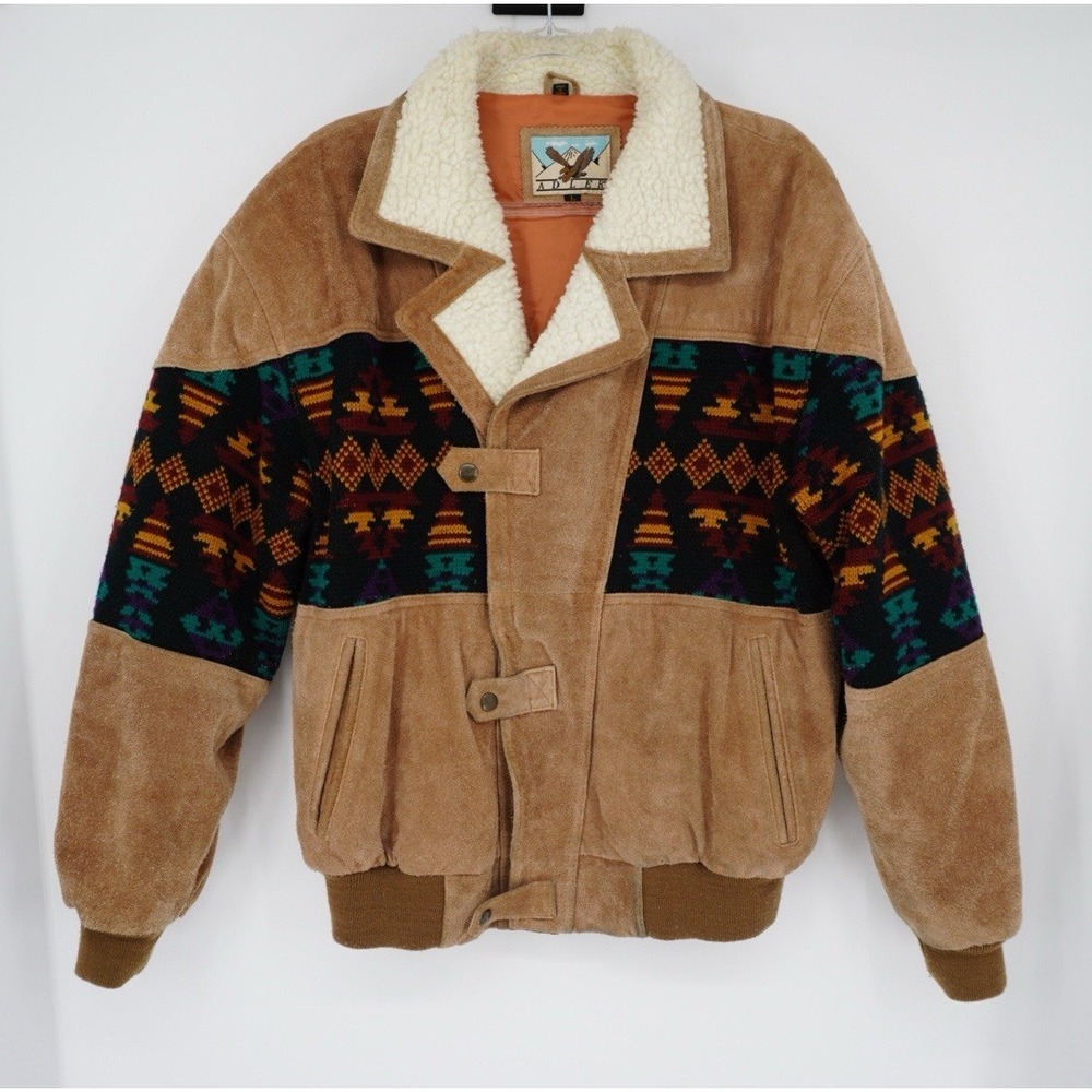 Adler Vintage 90s Suede Leather Sherpa Aztec Southwestern Bomber Jacket Mens L